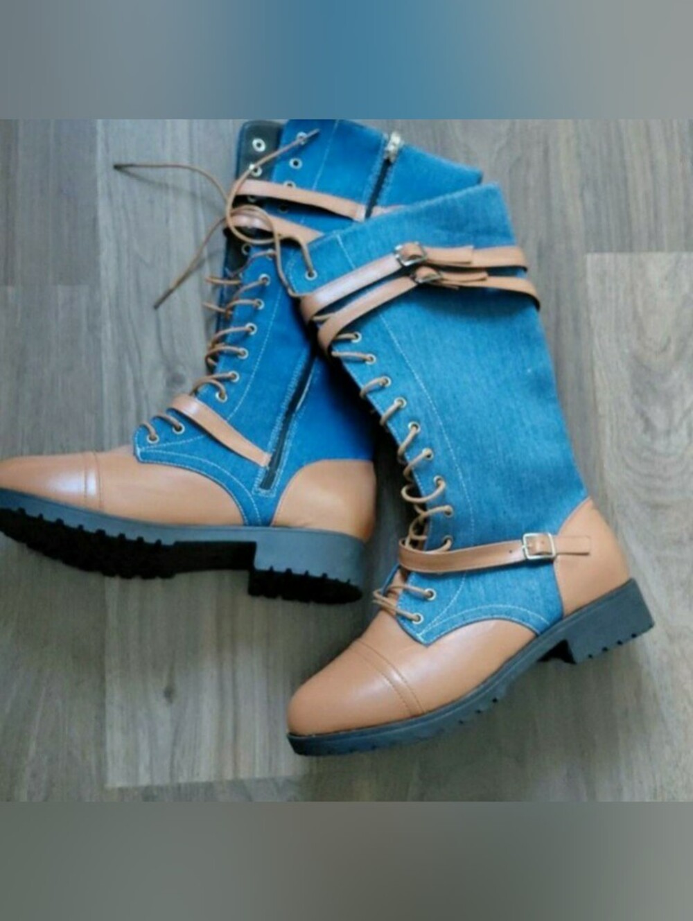Denim & Tan Lace-Up Mid-Calf Fashion Boots - Stylish Women's Combat Boots